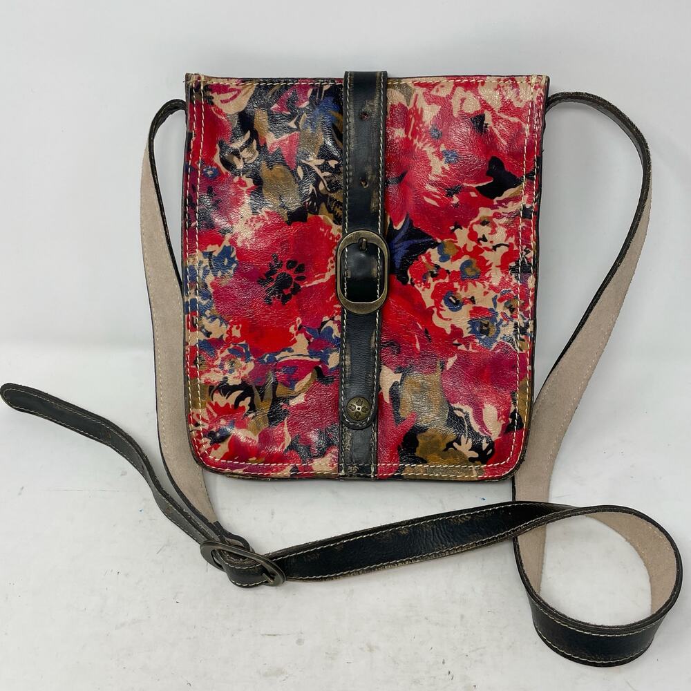 Patricia Nash Distressed Leather Red Floral Print Crossbody Purse Bag